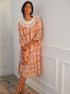 Anthropologie White Crochet Yoke Orange Printed Midi Dress